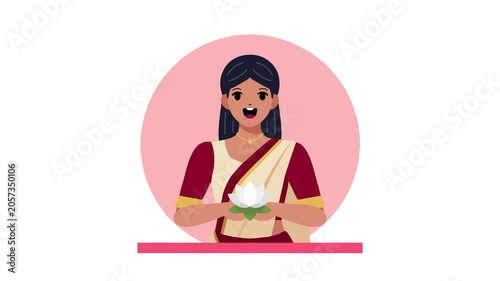 Animated flat character of a traditional indian woman holding a white lotus flower on a pink circle background.
