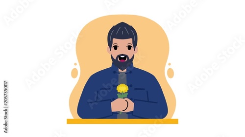Animated character of a bearded man wearing a dark blue shirt holding a small yellow flower on an orange background.