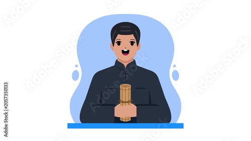 Flat 2D animation of a traditional asian man wearing a black outfit holding a bamboo drink container on a blue background.