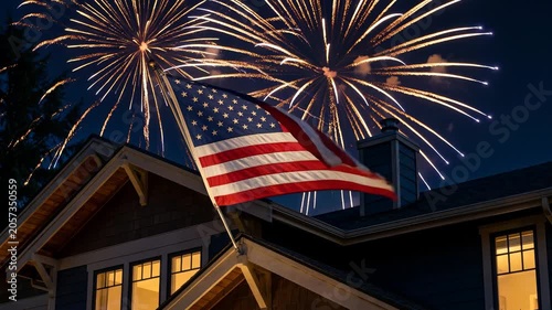 American Flag Waving Over House with Fireworks — Fourth of July Night Celebration Patriotic Suburban Home