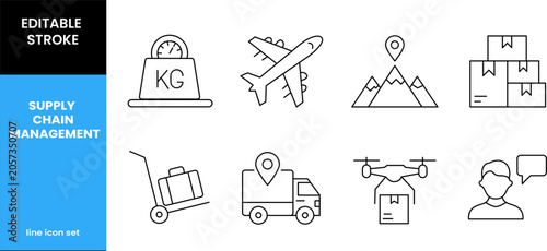 Supply chain management editable stroke line icon set for logistics and transportation