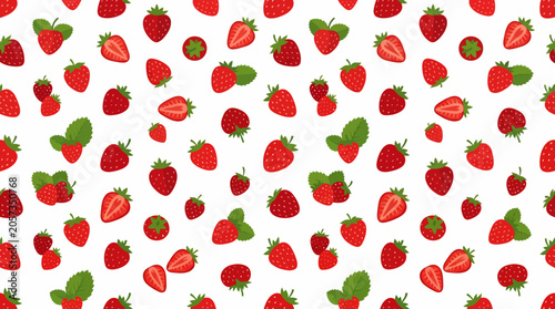 Pattern of fresh strawberries scattered across a white background.