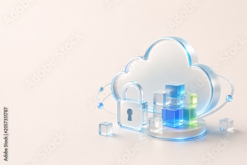 Premium 3D glassmorphism illustration of a protected cloud, lock and encrypted data cubes. Cloud security, secure storage and enterprise data protection hero concept.
