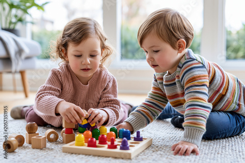 Young children playing with educational wooden toys.