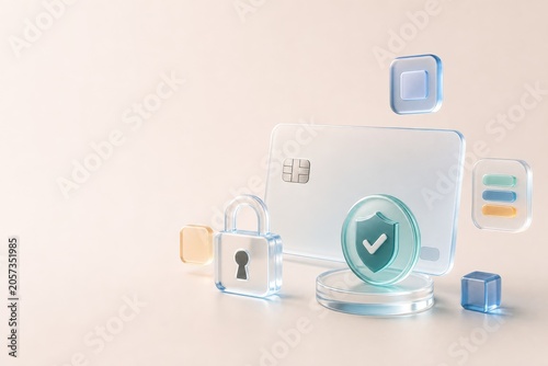 Premium 3D glassmorphism illustration of a blank payment card, lock token and protected checkout elements. Secure payment, tokenization and fintech security hero concept.