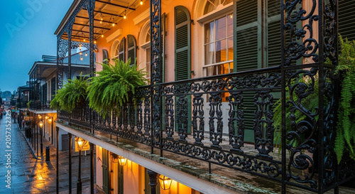 Historic New Orleans French Quarter balcony with ornate ironwork and lush greenery on a rainy evening, soft warm lighting, elegant architecture, cityscape