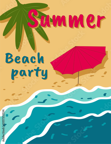 Summer sale flyer in a trendy flat design. Summer banner template featuring a seaside beach and beach holiday elements. Vector illustration. Summer greeting card template.

