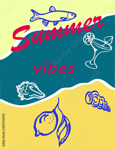 Summer sale flyer in a trendy flat design. Summer banner template featuring a seaside beach and beach holiday elements. Vector illustration. Summer greeting card template.
