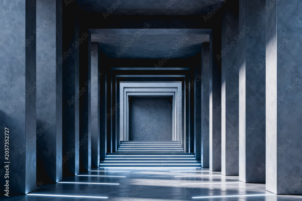 Fototapeta premium A minimalist, symmetrical concrete interior corridor with repeating square frames, showcasing geometric perspective and clean lines.