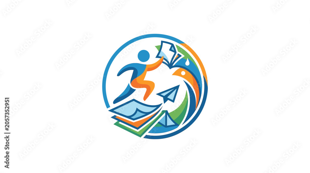 Obraz premium Abstract Education Logo Design with Running Person and Paper Elements