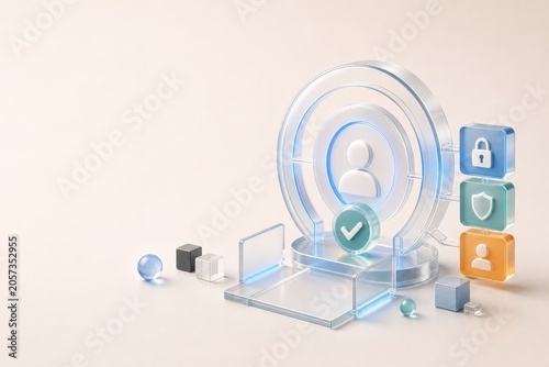 Premium 3D glassmorphism illustration of access rings, verification token and permission blocks. Zero trust, verified access and enterprise security hero concept.