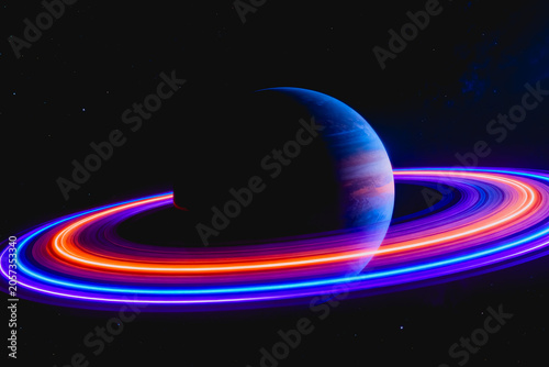 A stylized 3D illustration of a gas giant planet with glowing neon rings, set in deep starry outer space.