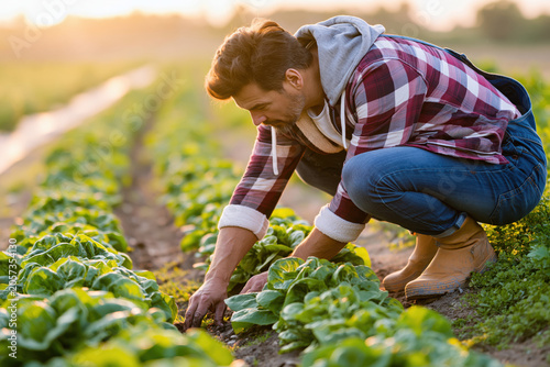 Farmer inspecting crops in a modern sustainable farm, 