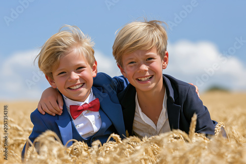 two smiling boys are positioned in a sunlit field of wheat, with a clear blue sky and white clouds above.
