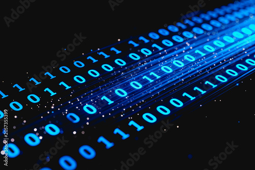 Glowing binary code forms a flowing digital data stream representing information transmission in technology.