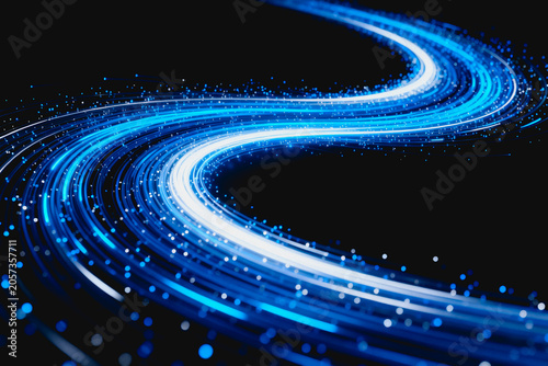 Bright blue glowing light streams swirl dynamically against a dark background, with scattered particles creating a futuristic digital visual effect.