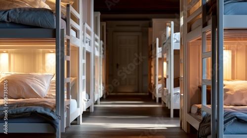 Modern Hostel Interior with Rows of Cozy Bunk Beds and Warm Lighting in Shared Dormitory Space