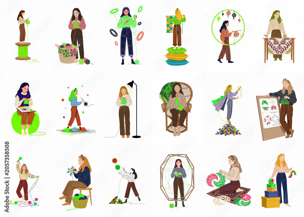 Fototapeta premium Comprehensive set of eighteen flat vector illustrations featuring women and girls engaged in diverse knitting, crocheting, and yarn crafting activities.