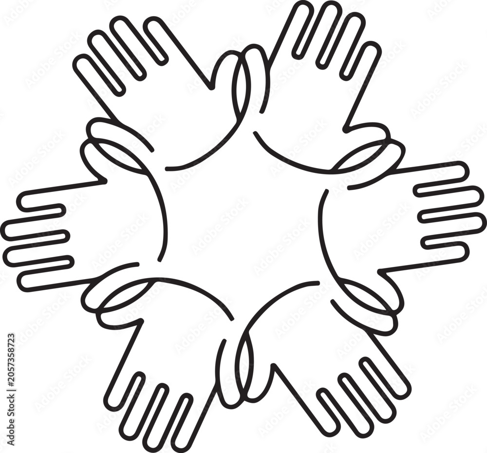 Fototapeta premium Illustration of multiple hands coming together in a circle for teamwork and unity Vector. one line Icon drawing. Editable stroke