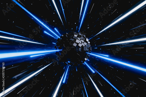 A 3D rendered abstract sphere composed of cubes, surrounded by light beams streaking through starry deep space, conveying futuristic digital energy.