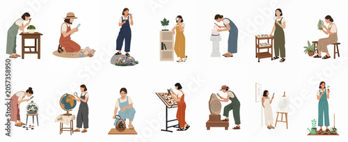 Canvastavla Flat vector set of female characters exploring nature and science using magnifying glasses to examine plants, insects, rocks, and maps