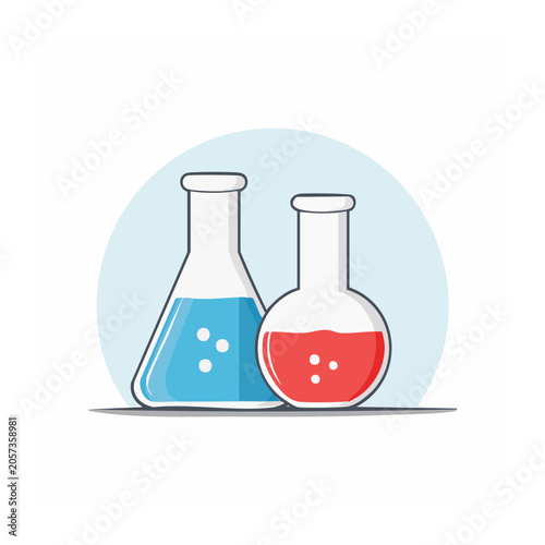 Two laboratory flasks with colored liquids and bubbles