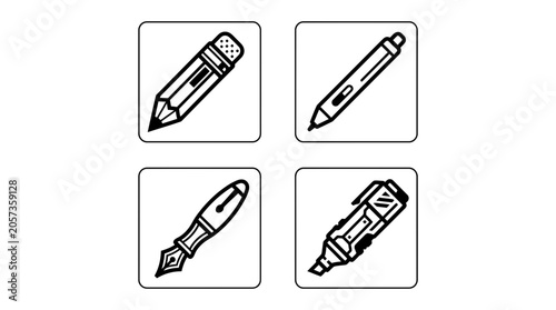 Minimalist black and white line art icons of stationery writing tools including pencil, pen, fountain pen and highlighter, perfect for web design, educational app and business branding