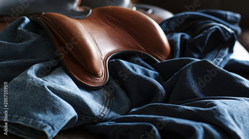 cantle. A solitary saddle cantle resting on worn denim fabric, symbolizing a journey's pause. mobility guides, transit brochures, designed for transport & logistics marketing.