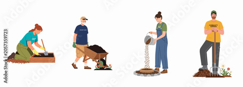 Diverse volunteers working in a community garden, planting, digging soil, using wheelbarrows and gardening tools, isolated flat illustration set on white background.