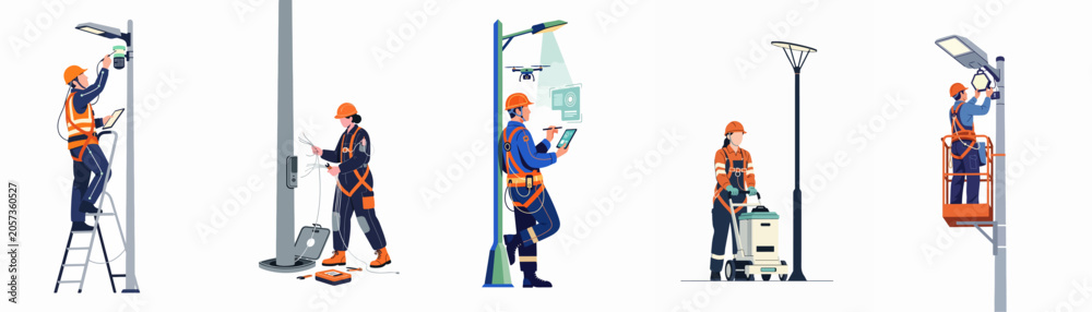 Fototapeta premium Flat vector set of industrial workers and engineers performing maintenance, inspection, and repair tasks on modern street lighting systems.