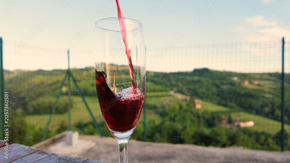 Fototapeta premium Red Wine Pouring into a Glass with Scenic Vineyard Valley Background