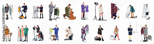 Tableau sur toile Flat illustration set of fashion industry professionals, including designers, tailors, and models working in creative studio and atelier environments