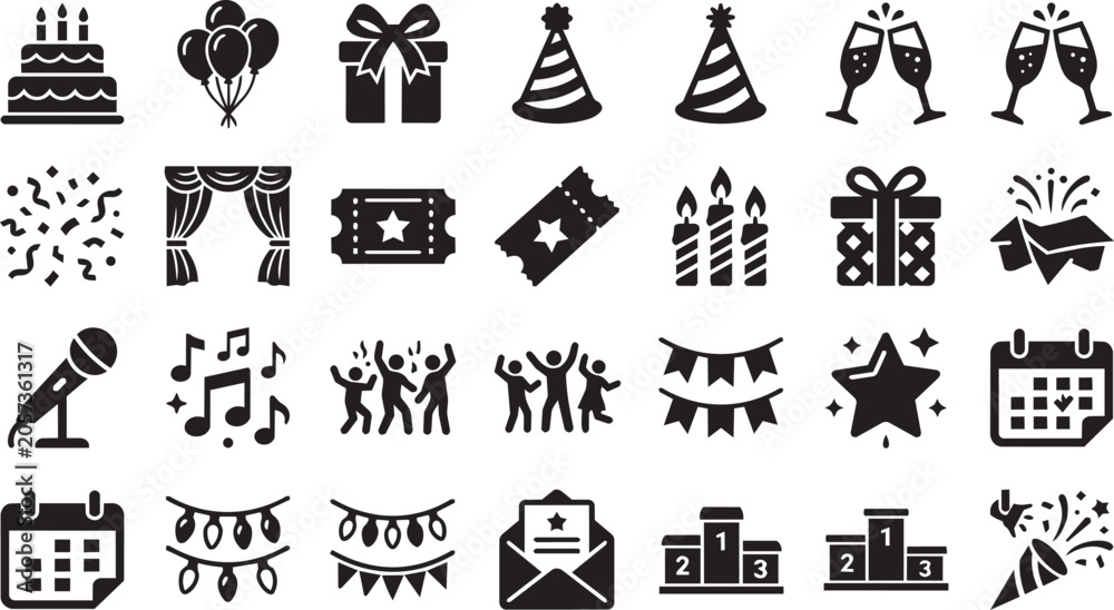 Naklejka premium Set of Minimalist Party and Celebration Icons Featuring Birthday Cakes Balloons Gift Boxes Champagne Glasses and Event Stage Silhouettes Isolated on a White Background