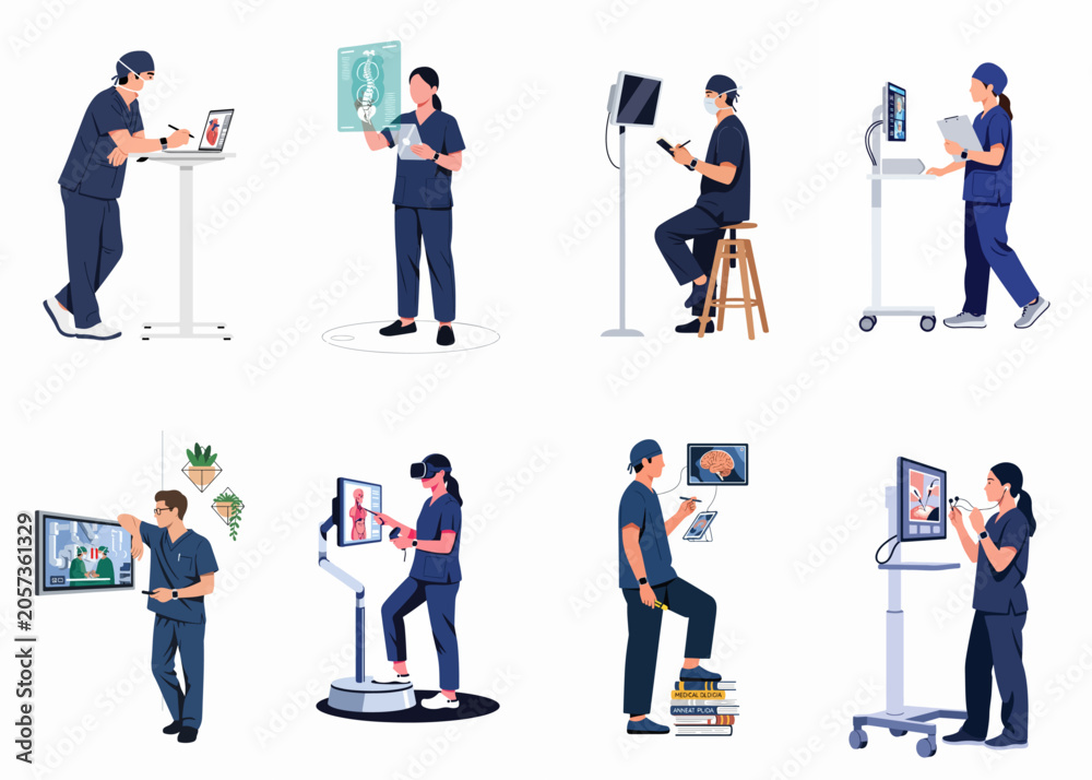 Fototapeta premium Diverse set of medical professionals using advanced digital technology for healthcare, diagnosis, and surgical training in modern hospital environments.