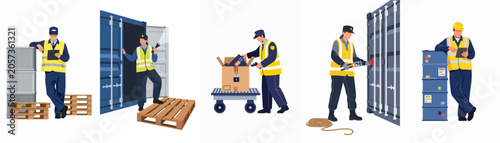 Tableau sur toile Vector illustration set showing customs officers and warehouse workers conducting inspections, scanning packages, and managing logistics at a shipping port or distribution warehouse
