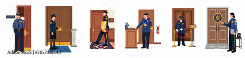 Εκτύπωση καμβά A set of court security and police officers in various courthouse settings, including courtroom entrances, security checkpoints, and official government duties