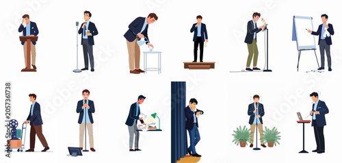 Fotografija Set of illustrations depicting a man in a suit experiencing various stages of public speaking anxiety, glossophobia, and nervousness during professional presentations