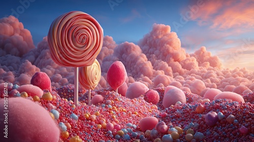Giant spiral sweets and soft mounds dominate a sugary landscape under a colorful sky