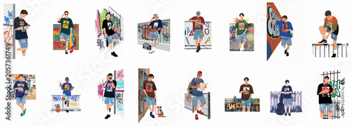 Canvastavla Collection of diverse young men in stylish urban streetwear posing against vibrant graffiti backgrounds, showcasing modern youth culture and street fashion
