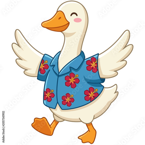 A cheerful cartoon goose wearing a Hawaiian shirt dances outdoors in a fun scene.