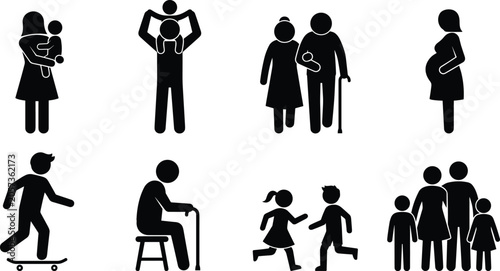 Tableau sur toile Black Silhouette Collection Representing Human Life Stages and Family Relationsh