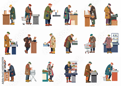 Cuadro en lienzo Collection of illustrations showing an elderly man in ragged clothes counting coins to pay for basic groceries, depicting poverty and financial hardship