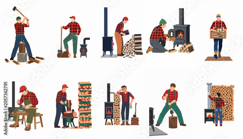 Fotografía Collection of lumberjack characters chopping wood, stacking logs, and heating stoves in a flat vector illustration style