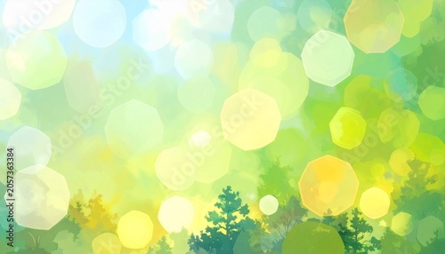 Abstract Nature Background with Bright Green and Yellow Bokeh Circles over a Softly Blurred Forest Canopy
Category: Backgrounds.