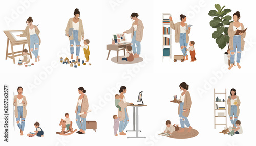 Collection of flat vector illustrations depicting a modern creative freelancer mother multitasking between professional work and childcare in her home office environment.