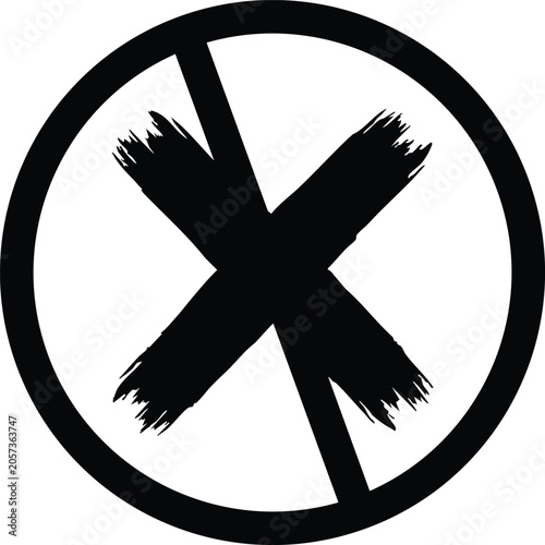 Black x mark inside circle, brush stroke style white cross