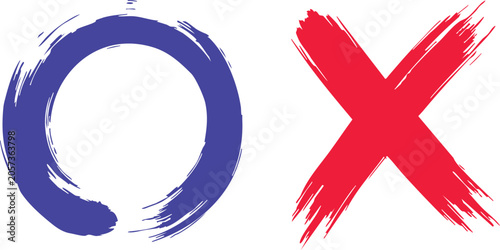 Blue circle and red cross brush strokes