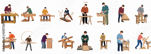 Cuadro en lienzo Collection of diverse male woodworkers wearing face masks while working with hand planes and wood at workbenches in a workshop illustration set