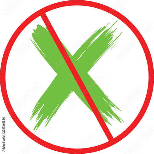 Red prohibition circle with green cross mark