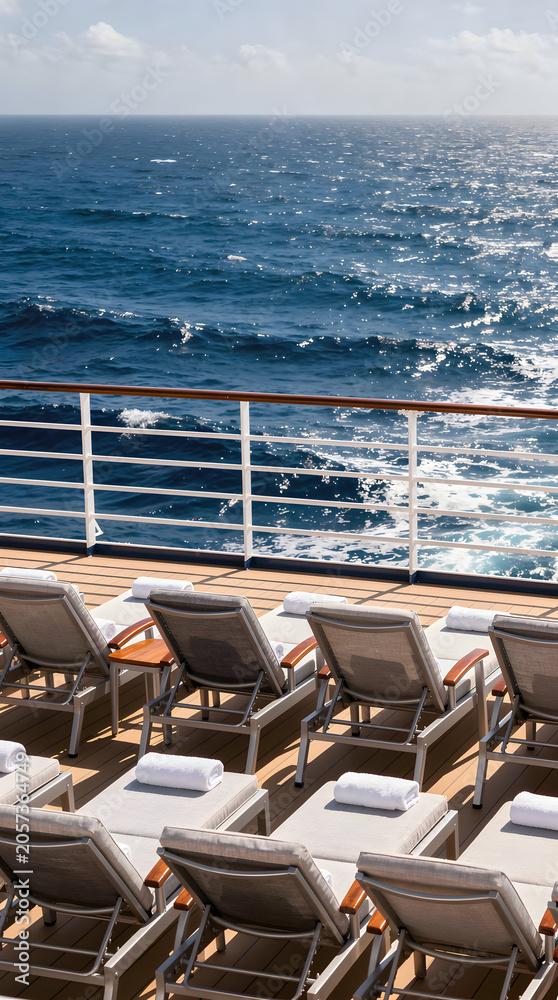 Fototapeta premium Sun loungers are arranged on the deck of a cruise ship overlooking the deep blue ocean water.